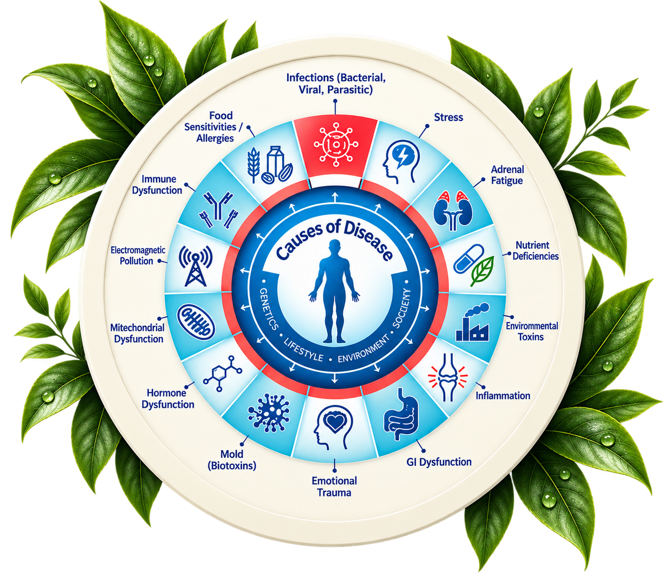 Diagram illustrating interconnected contributing factors to disease, including infections, stress, adrenal fatigue, nutrient deficiencies, environmental toxins, inflammation, GI dysfunction, emotional trauma, mold biotoxins, hormone dysfunction, mitochondrial dysfunction, electromagnetic pollution, immune dysfunction, and food sensitivities, arranged around a central figure with genetic susceptibility, lifestyle, environment and interactions at the core