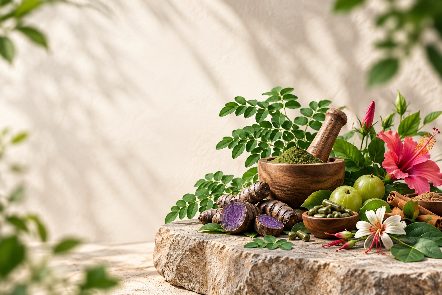 Botanical ingredients — turmeric, moringa, amla and hibiscus — arranged on a stone slab